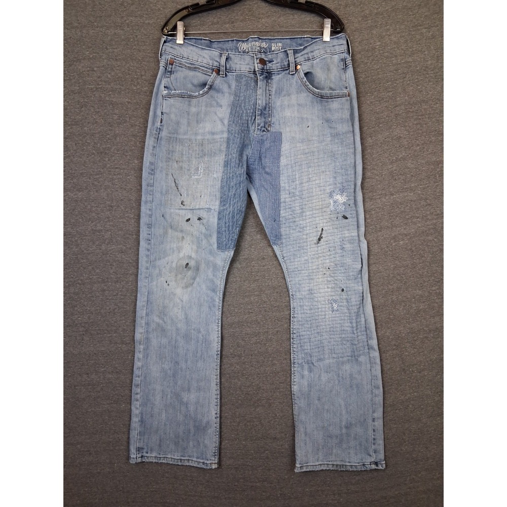 Wrangler Mens Jeans 35x32 Blue Denim Retro Slim Boot Reworked Upcycle Patch Boro